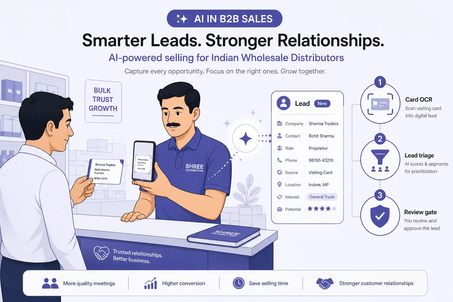 Infographic of AI in B2B sales: where it helps, where it wastes time, and a 30-day pilot