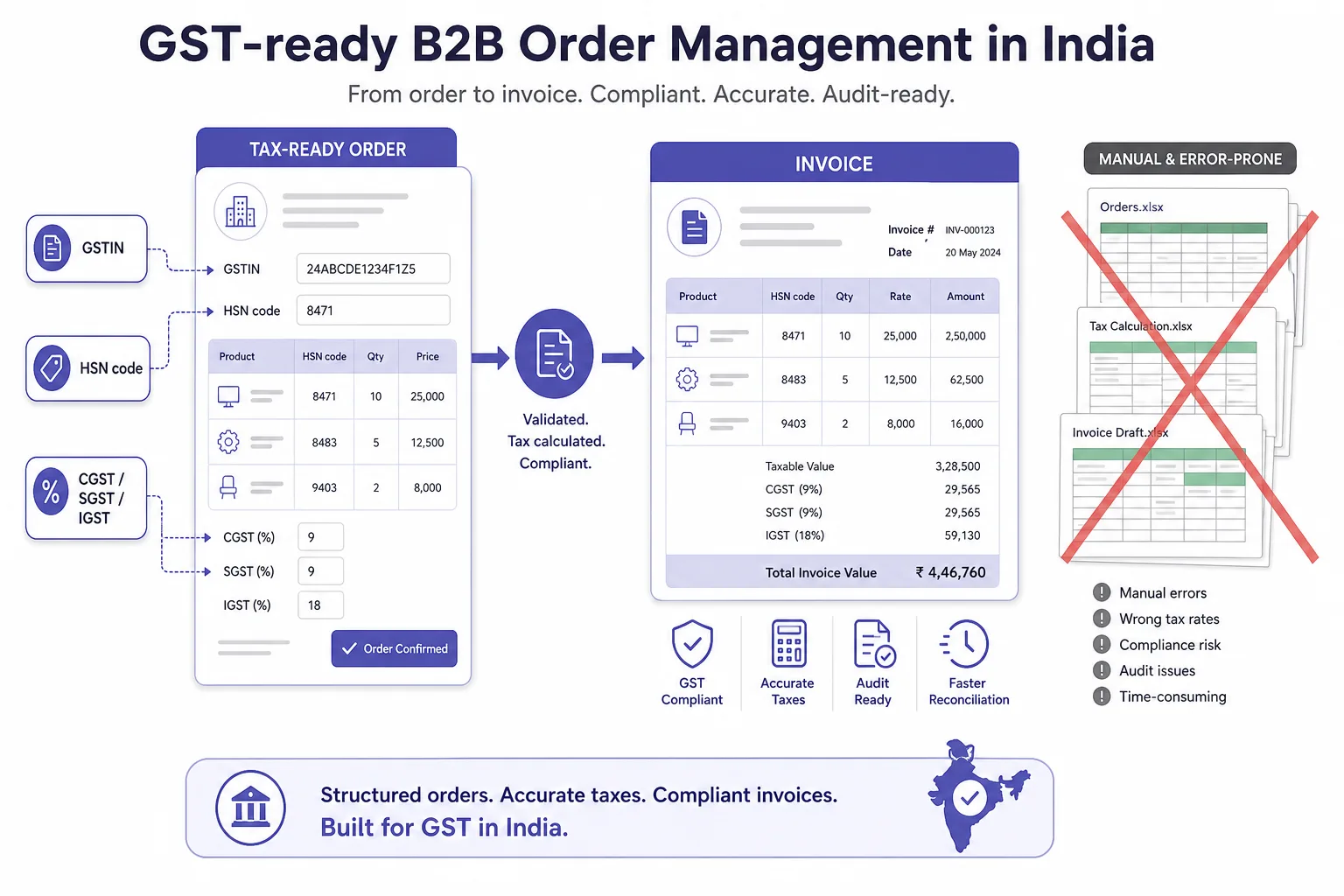 GST-ready B2B order flow with GSTIN, HSN, and tax fields into an invoice