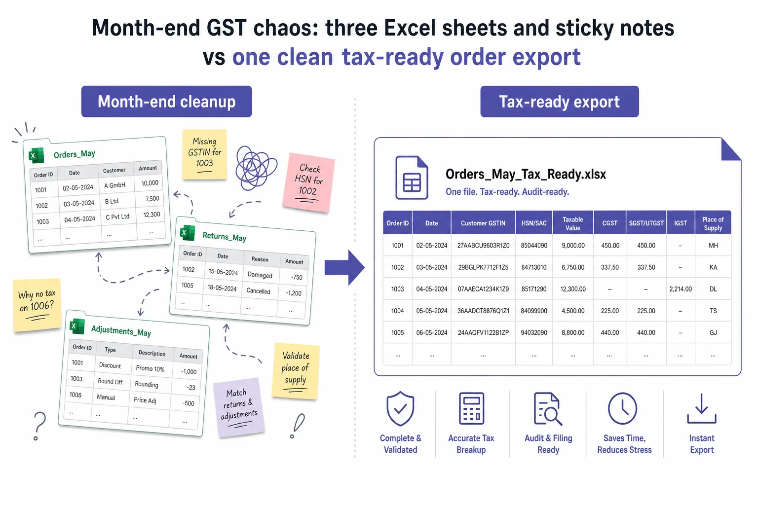 Month-end spreadsheet cleanup versus tax-ready order export