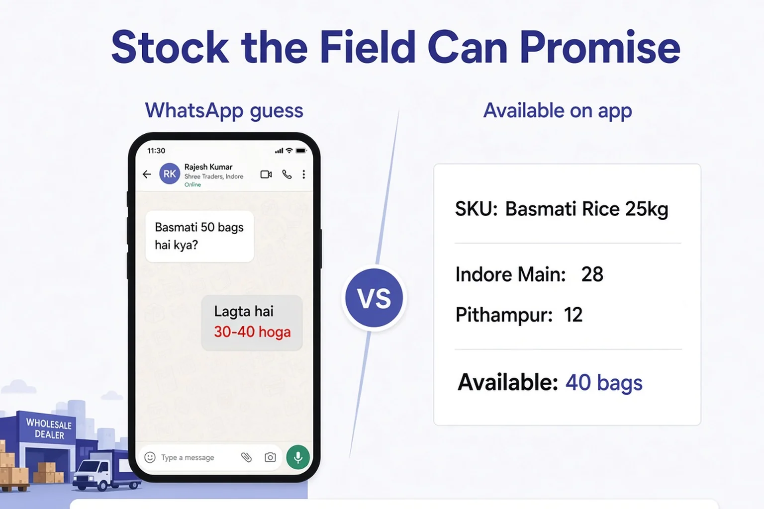 Infographic available stock on field app versus WhatsApp stock guesses