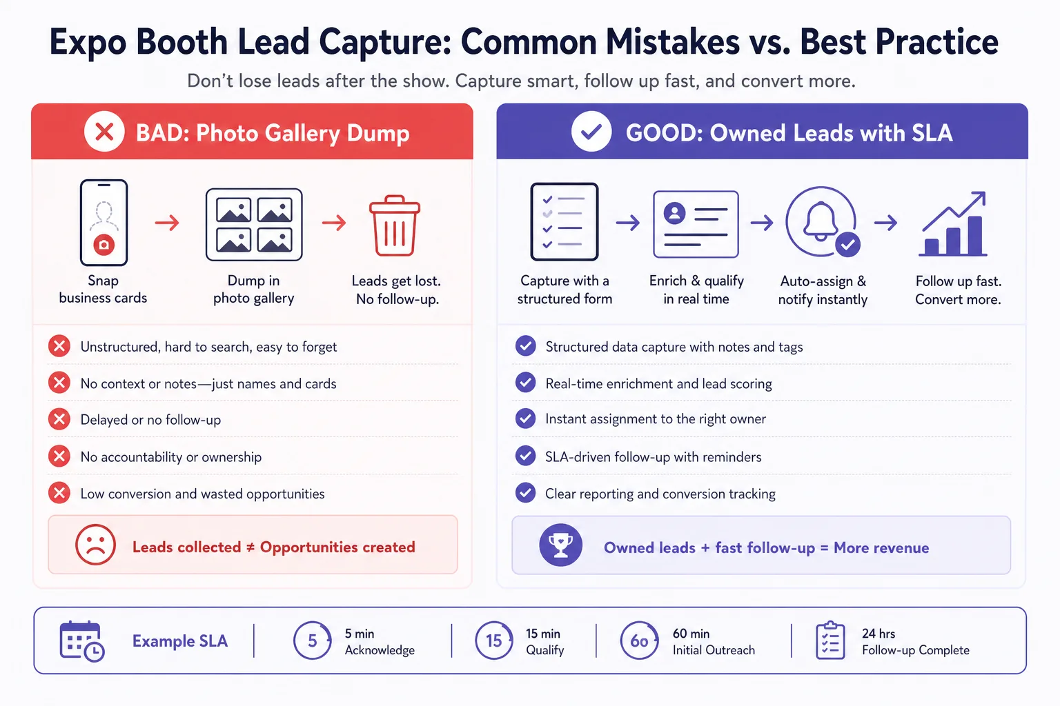 Bad: photo gallery dump. Good: owned leads with follow-up SLA