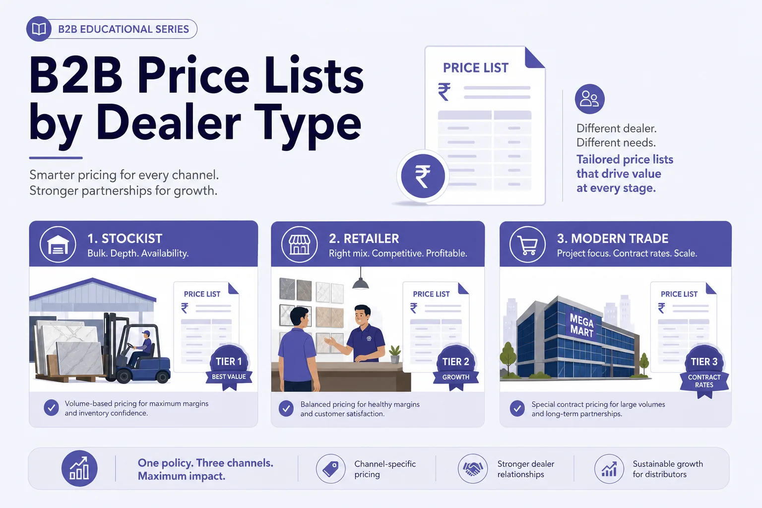 Infographic of B2B price lists for stockist, retailer, and modern trade dealer types