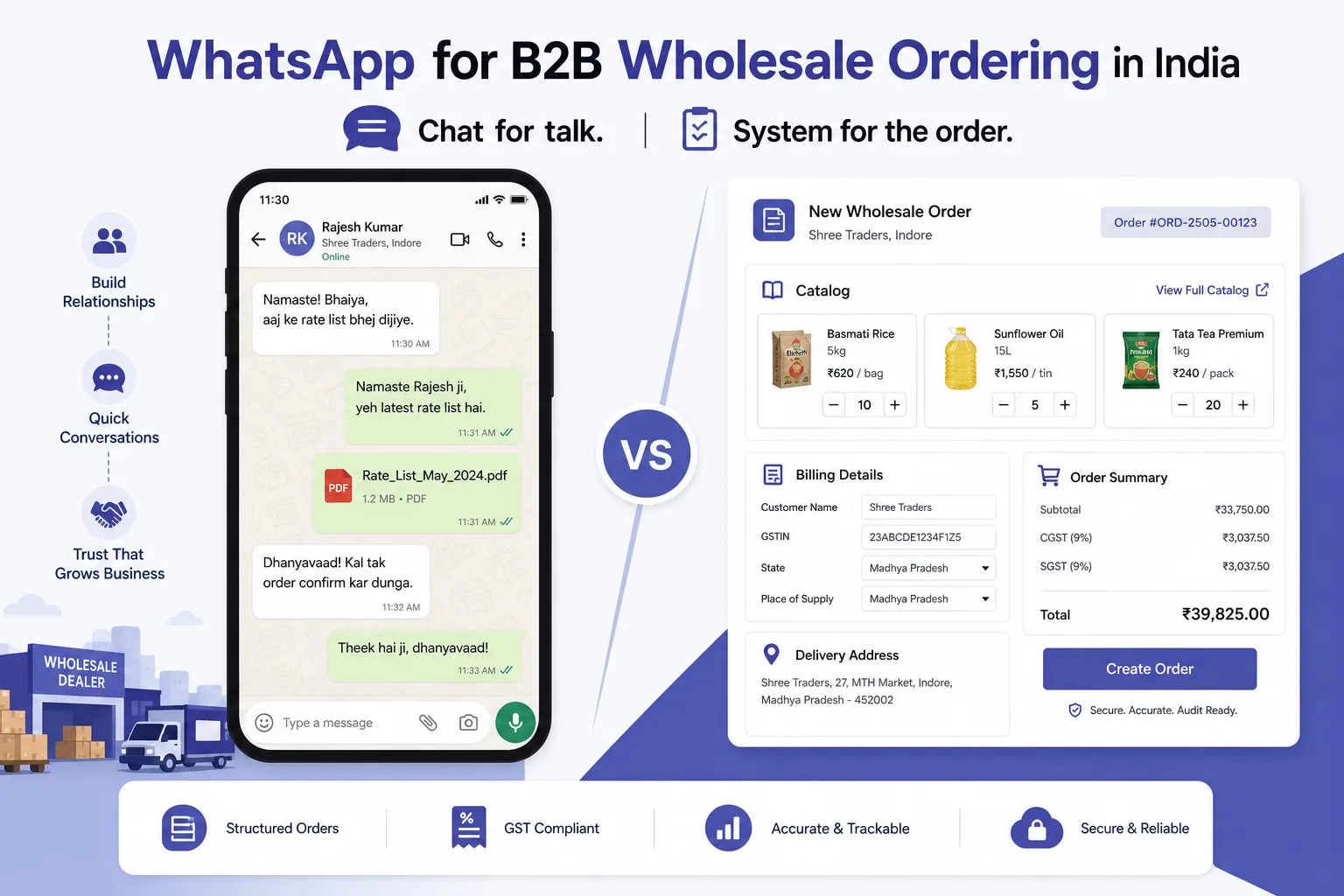 Infographic comparing WhatsApp keep vs move-to-system for B2B wholesale orders